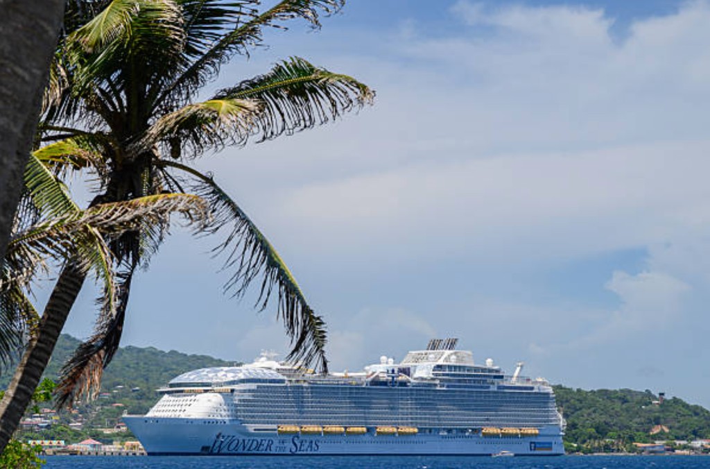 Wonder of the Seas cruise ship docked at Roatan Honduras tropical port, framed by palm trees and lush green hills